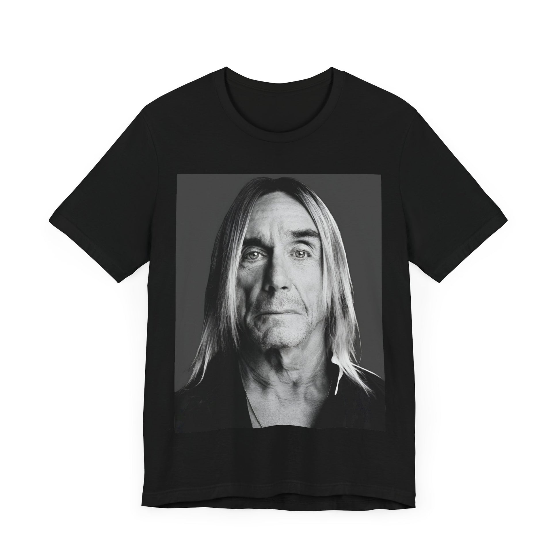 A black graphic t-shirt featuring a black and white portrait photo of Iggy Pop.