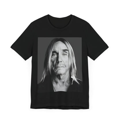 A black graphic t-shirt featuring a black and white portrait photo of Iggy Pop.