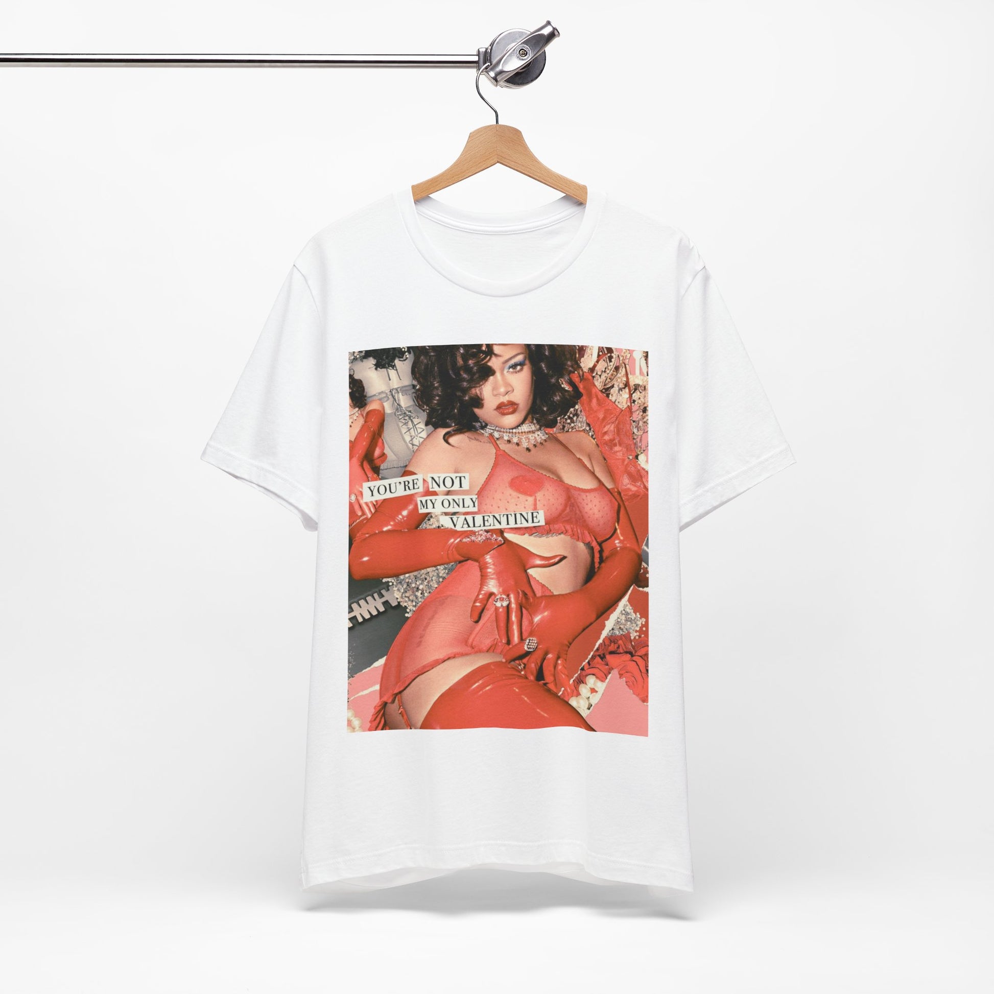 A black graphic t-shirt featuring a graphic of Rihanna with a 'hot valentine' theme.