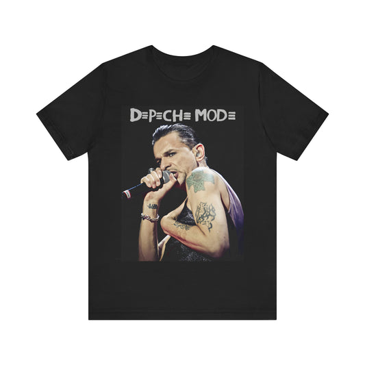 A black graphic t-shirt featuring a graphic of Dave Gahan from Depeche Mode, emphasizing his dynamic stage presence.