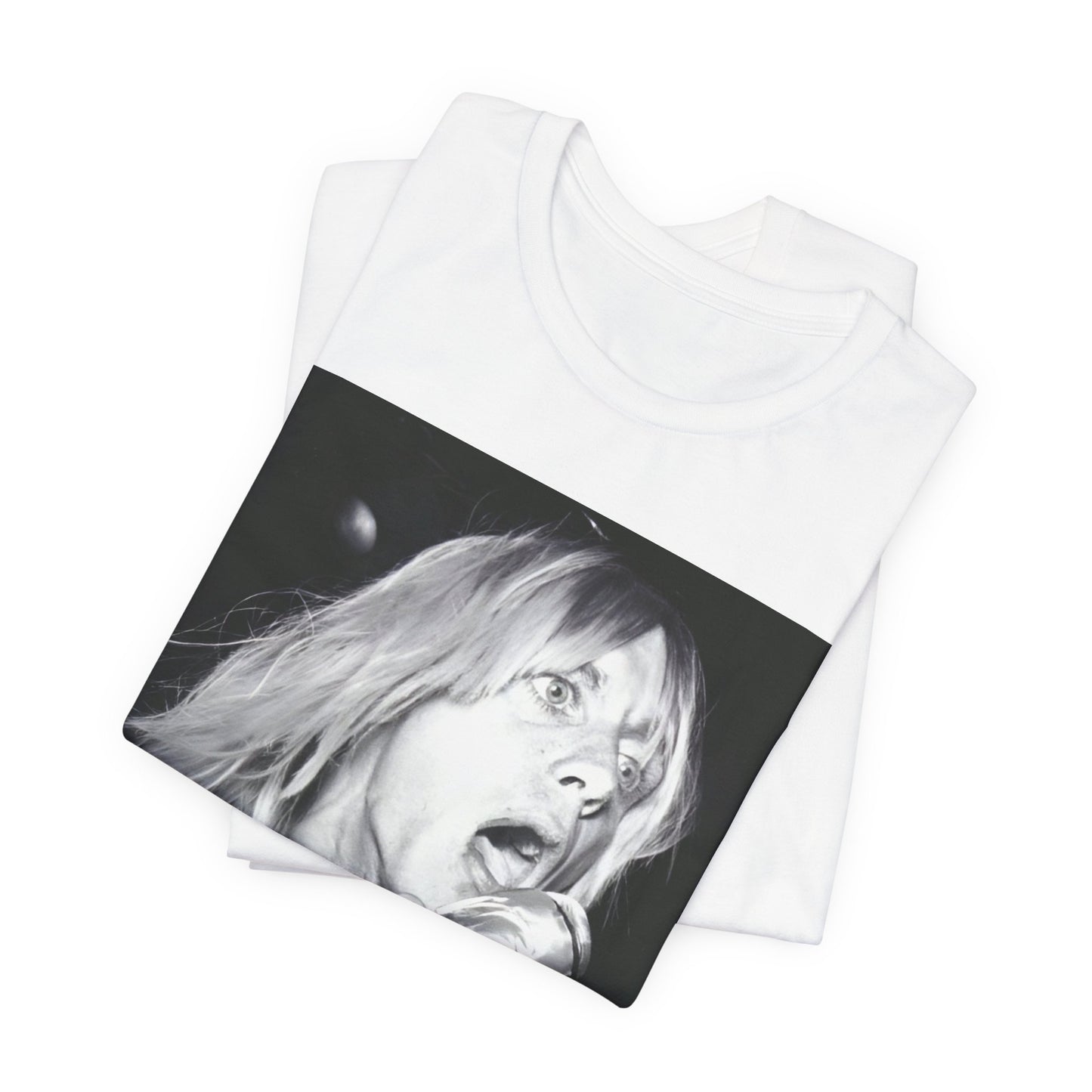 A black graphic t-shirt featuring a graphic of Iggy Pop as the Godfather of Punk, performing live.