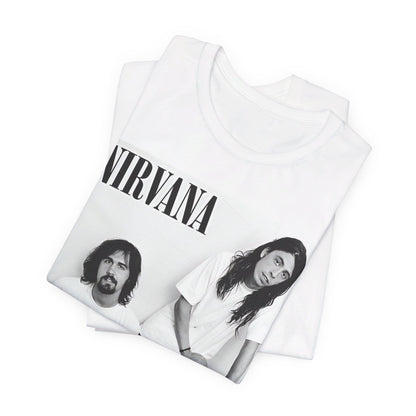 A black graphic t-shirt featuring a graphic of Nirvana emphasizing a rebellious grunge spirit.