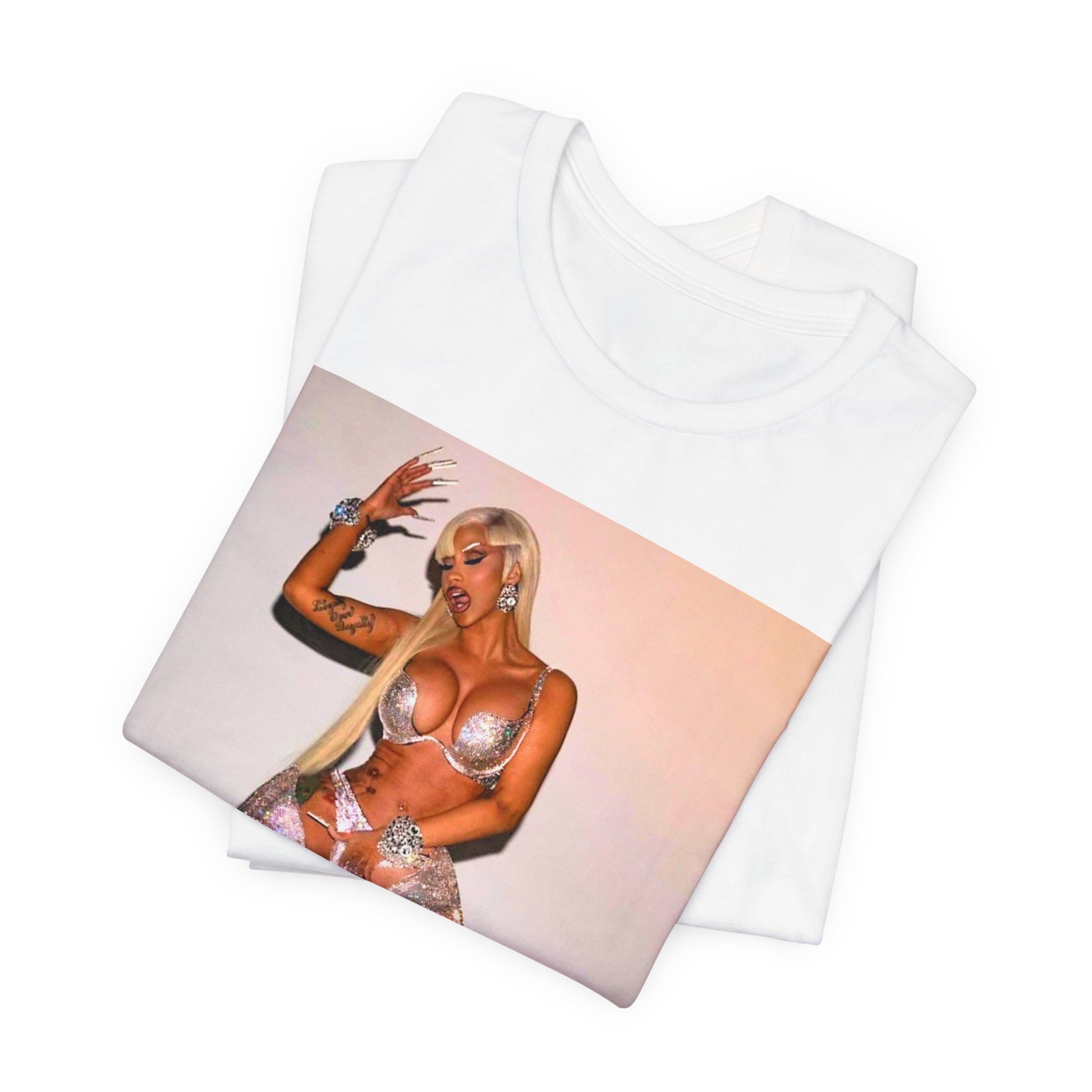 A black graphic t-shirt featuring a vintage graphic of Cardi B as a 'Bronx Queen' or rap icon.