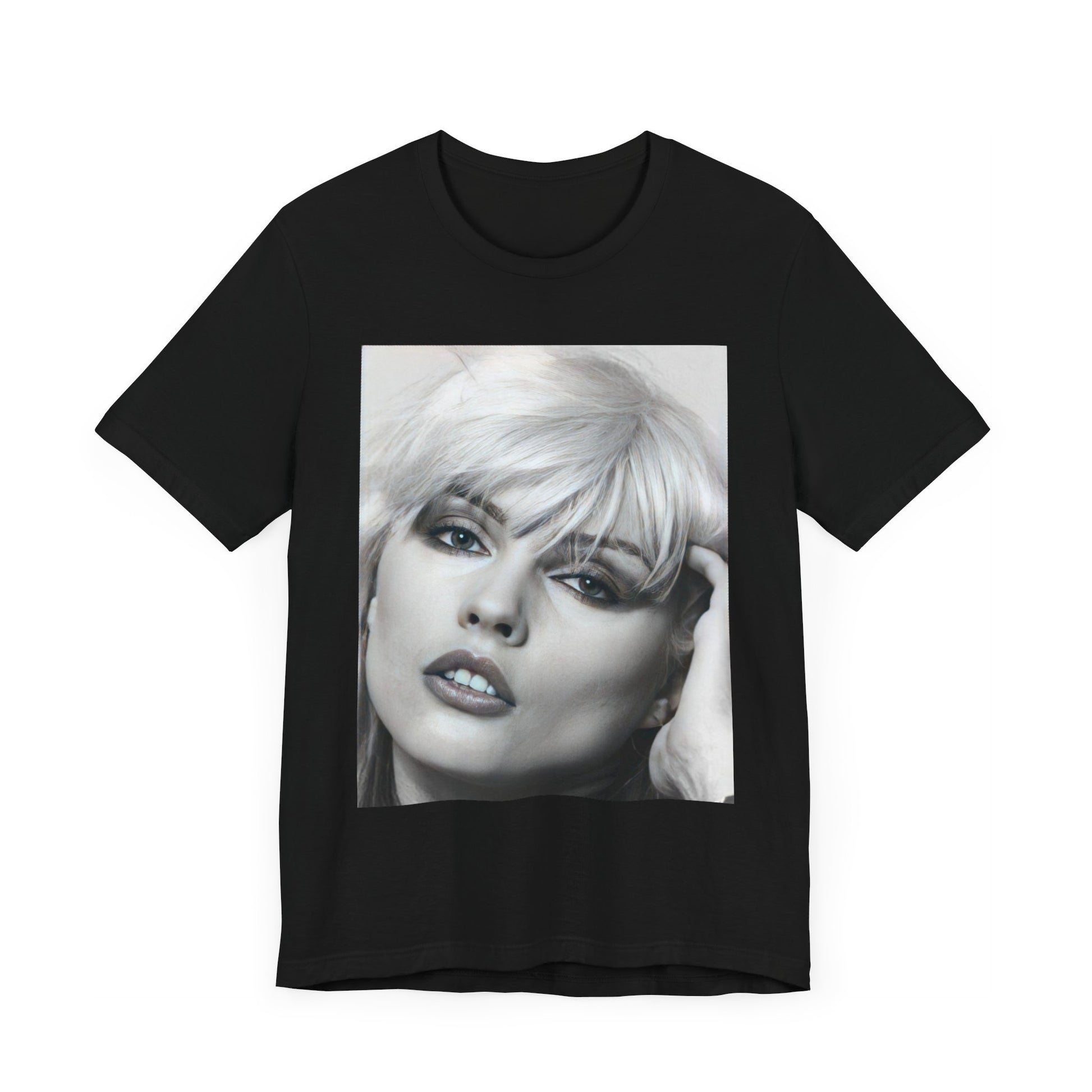 A black graphic t-shirt featuring an iconic black and white portrait photo of Debbie Harry from Blondie.