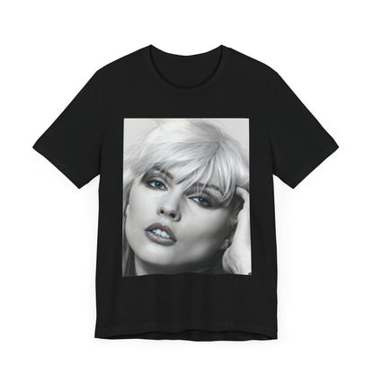 A black graphic t-shirt featuring an iconic black and white portrait photo of Debbie Harry from Blondie.