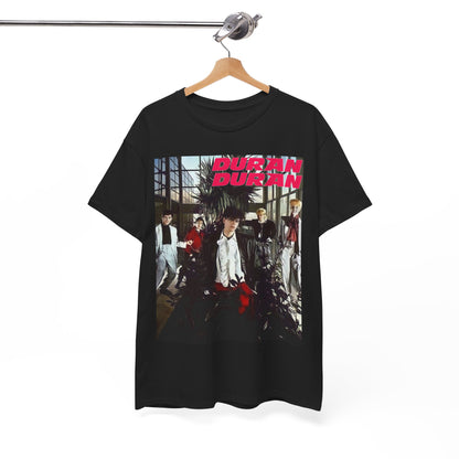 A black graphic t-shirt featuring a graphic of Duran Duran with a chill 80s pop vibe.