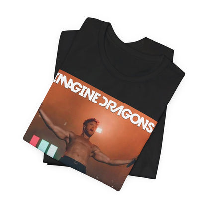 A black graphic t-shirt featuring a bold graphic of Imagine Dragons as arena rockers.