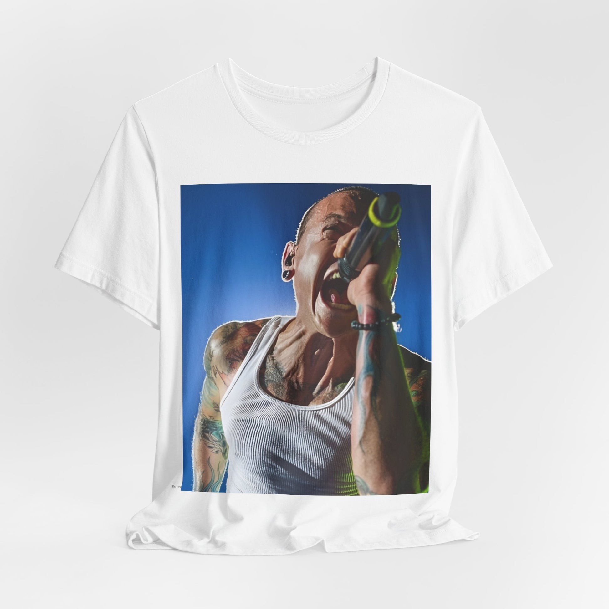 A black graphic t-shirt featuring a retro graphic of Linkin Park performing live.