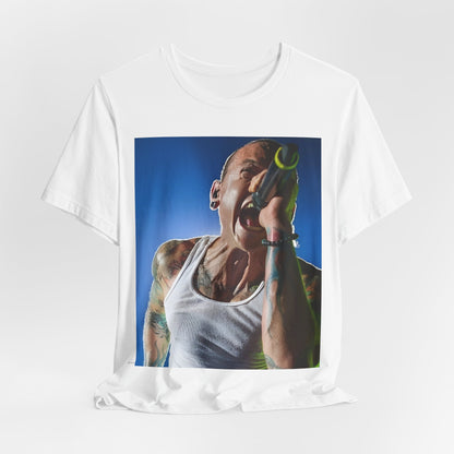 A black graphic t-shirt featuring a retro graphic of Linkin Park performing live.