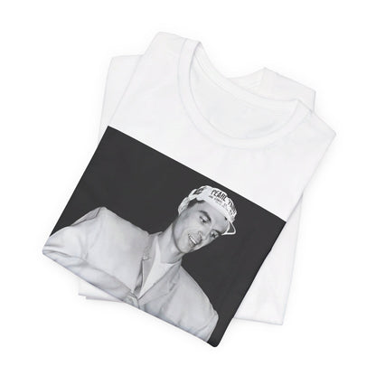 A black graphic t-shirt featuring a black and white graphic of Talking Heads with a cool NYC art scene aesthetic.