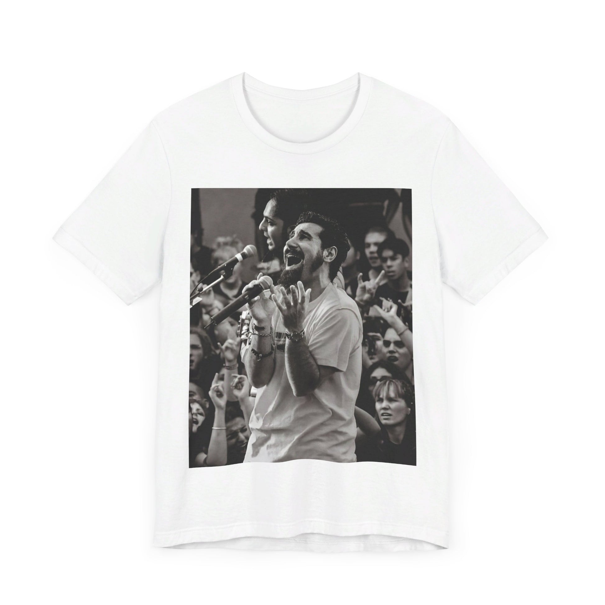 A black graphic t-shirt featuring a black and white portrait photo of Serj Tankian from System of a Down.