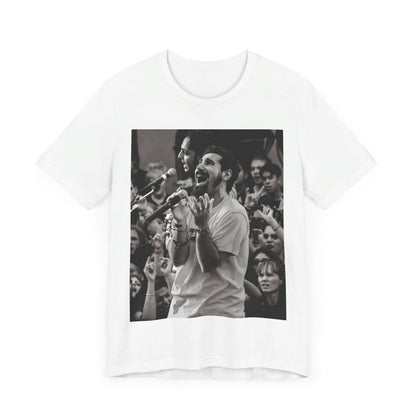 A black graphic t-shirt featuring a black and white portrait photo of Serj Tankian from System of a Down.