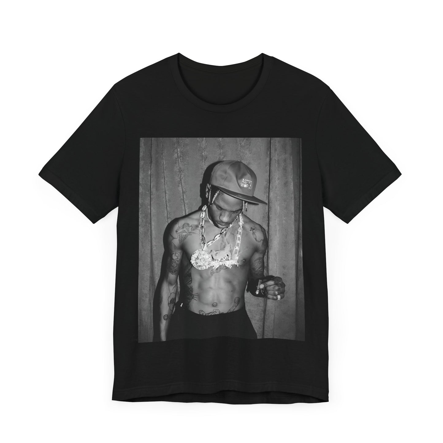 A black graphic t-shirt featuring a graphic of Travis Scott as the Houston rap king.