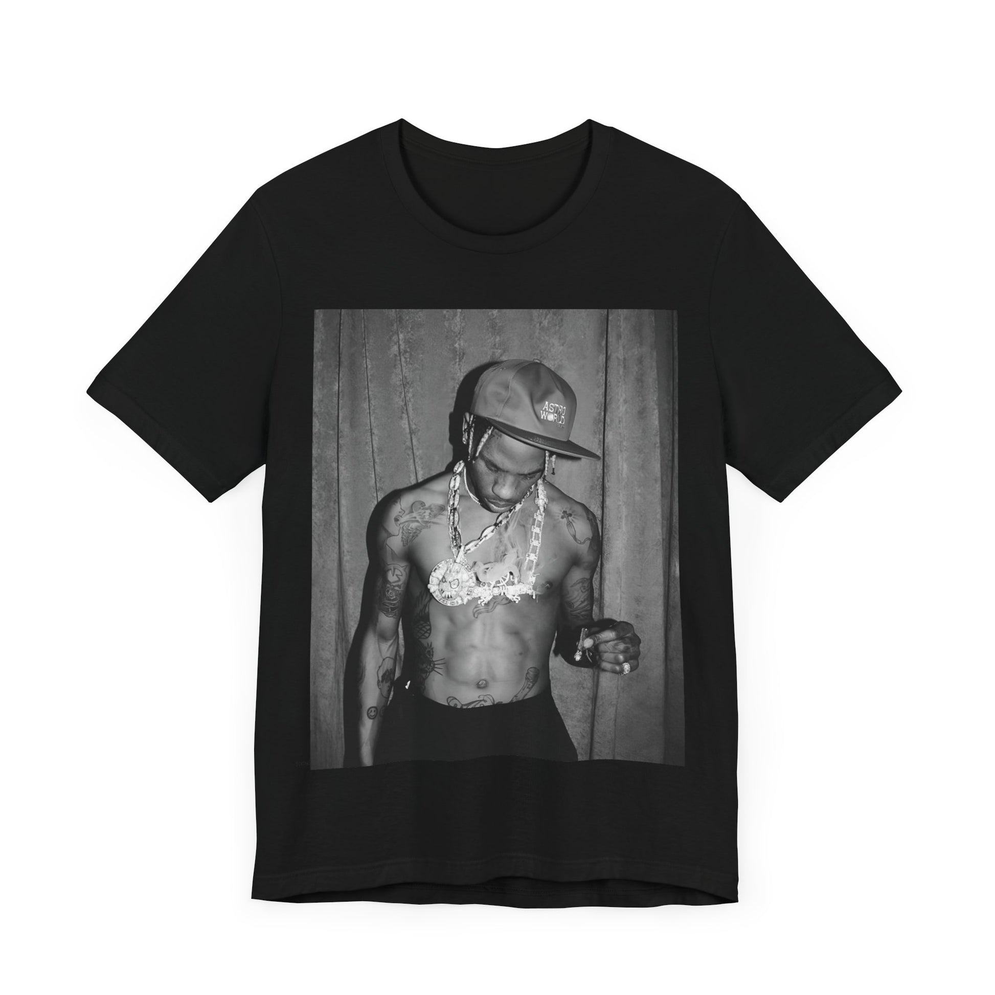 A black graphic t-shirt featuring a graphic of Travis Scott as the Houston rap king.