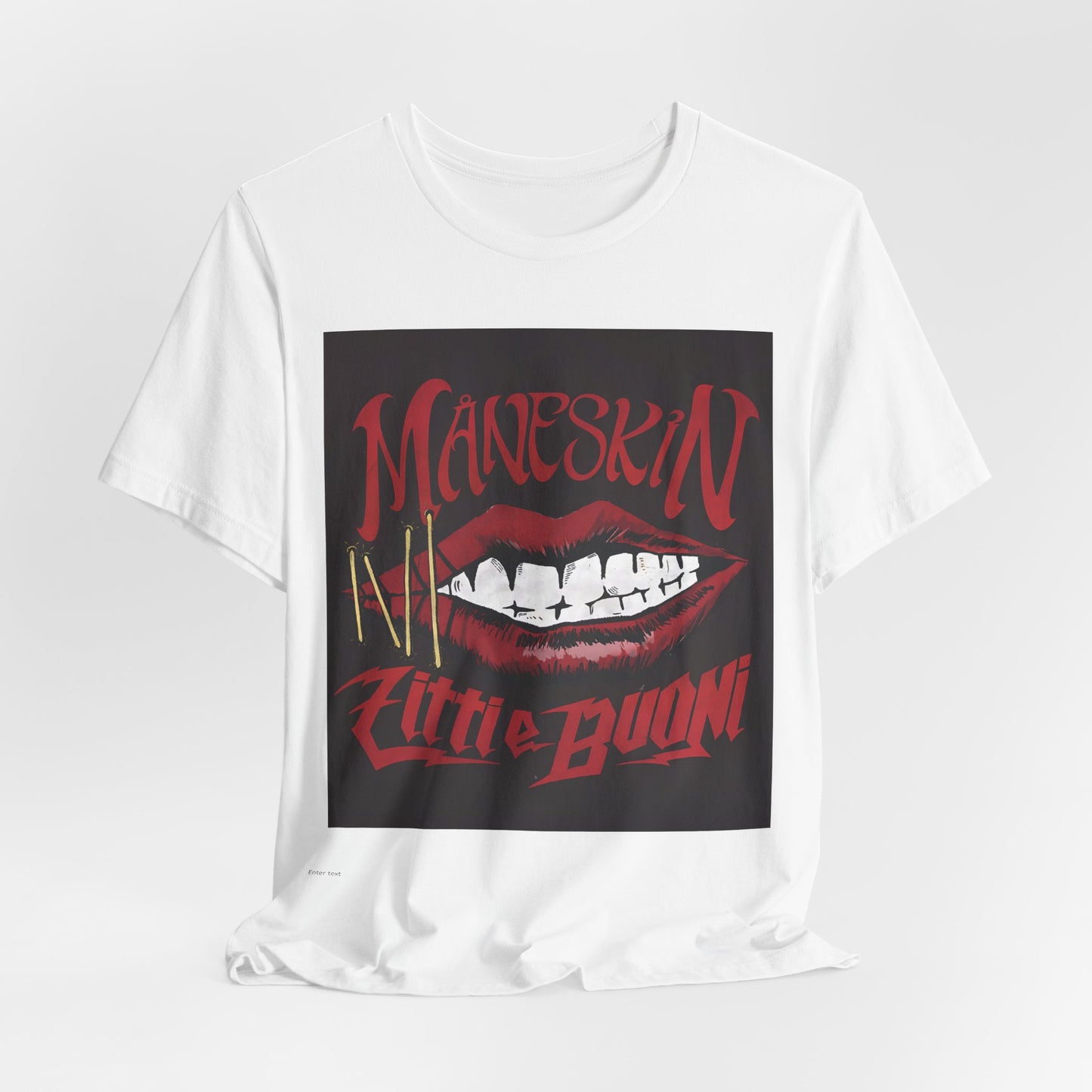 A black graphic t-shirt featuring a graphic related to Maneskin's song "Zitti E Buoni."