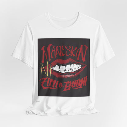 A black graphic t-shirt featuring a graphic related to Maneskin's song "Zitti E Buoni."