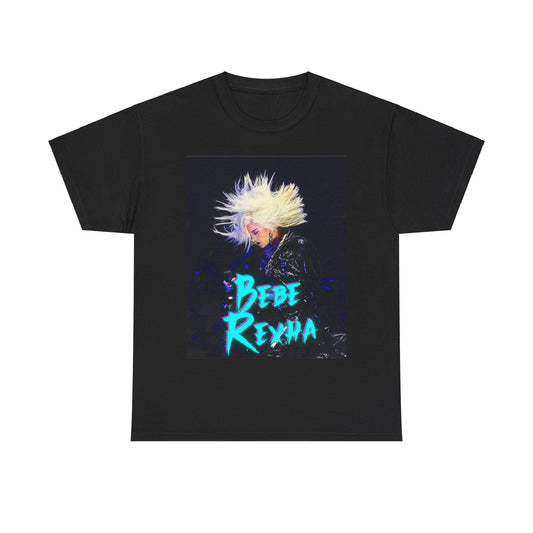 A black graphic t-shirt featuring a retro-style graphic of Bebe Rexha in a posed, aesthetic manner.