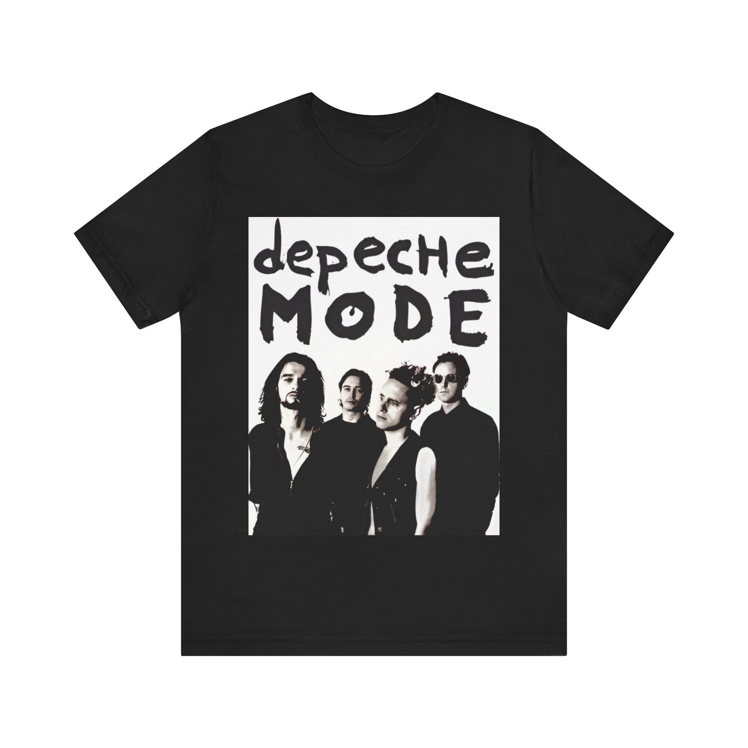 A black graphic t-shirt featuring a graphic of Depeche Mode with an 80s dark wave aesthetic.