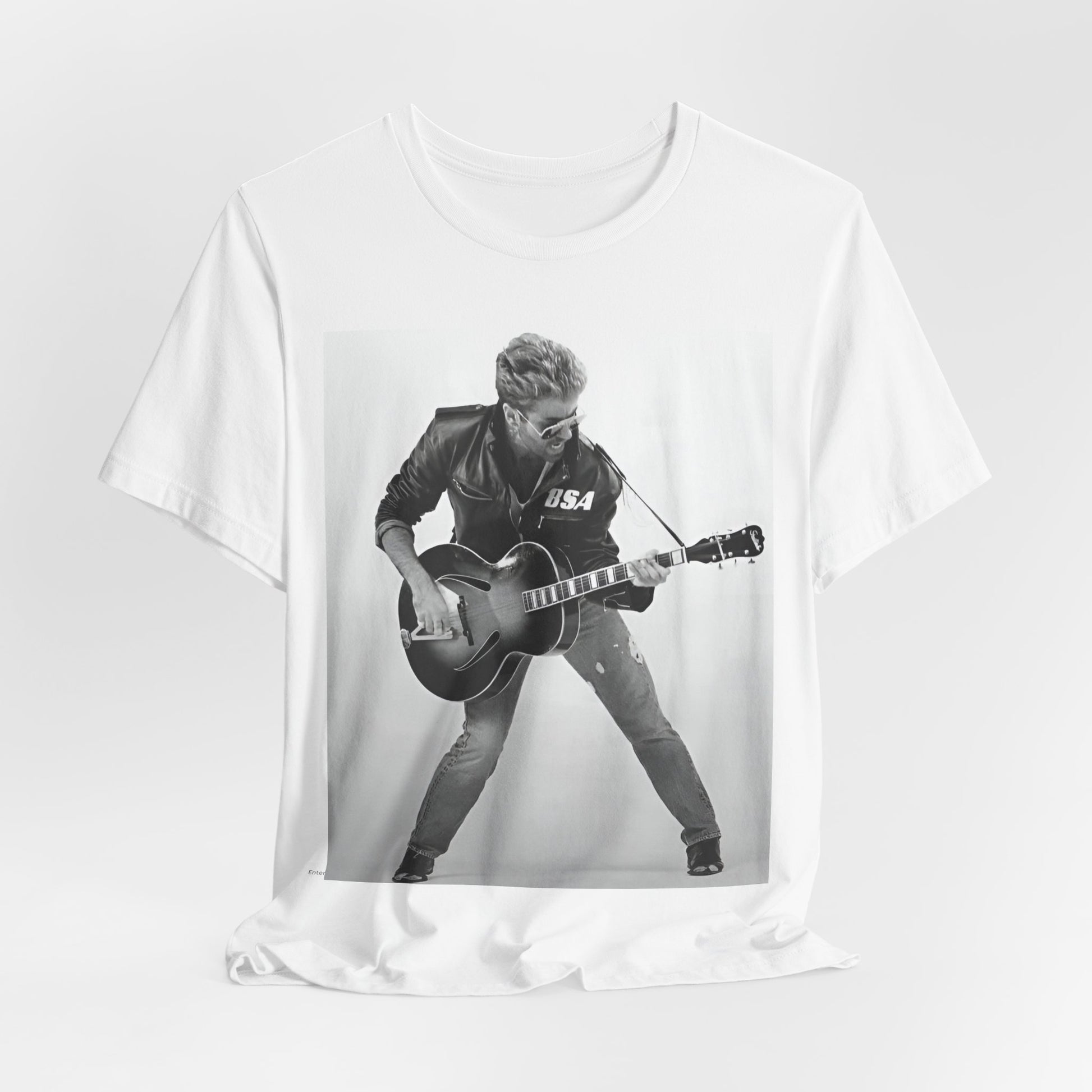 A black graphic t-shirt featuring a graphic of George Michael with a guitar.