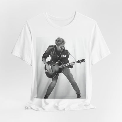 A black graphic t-shirt featuring a graphic of George Michael with a guitar.