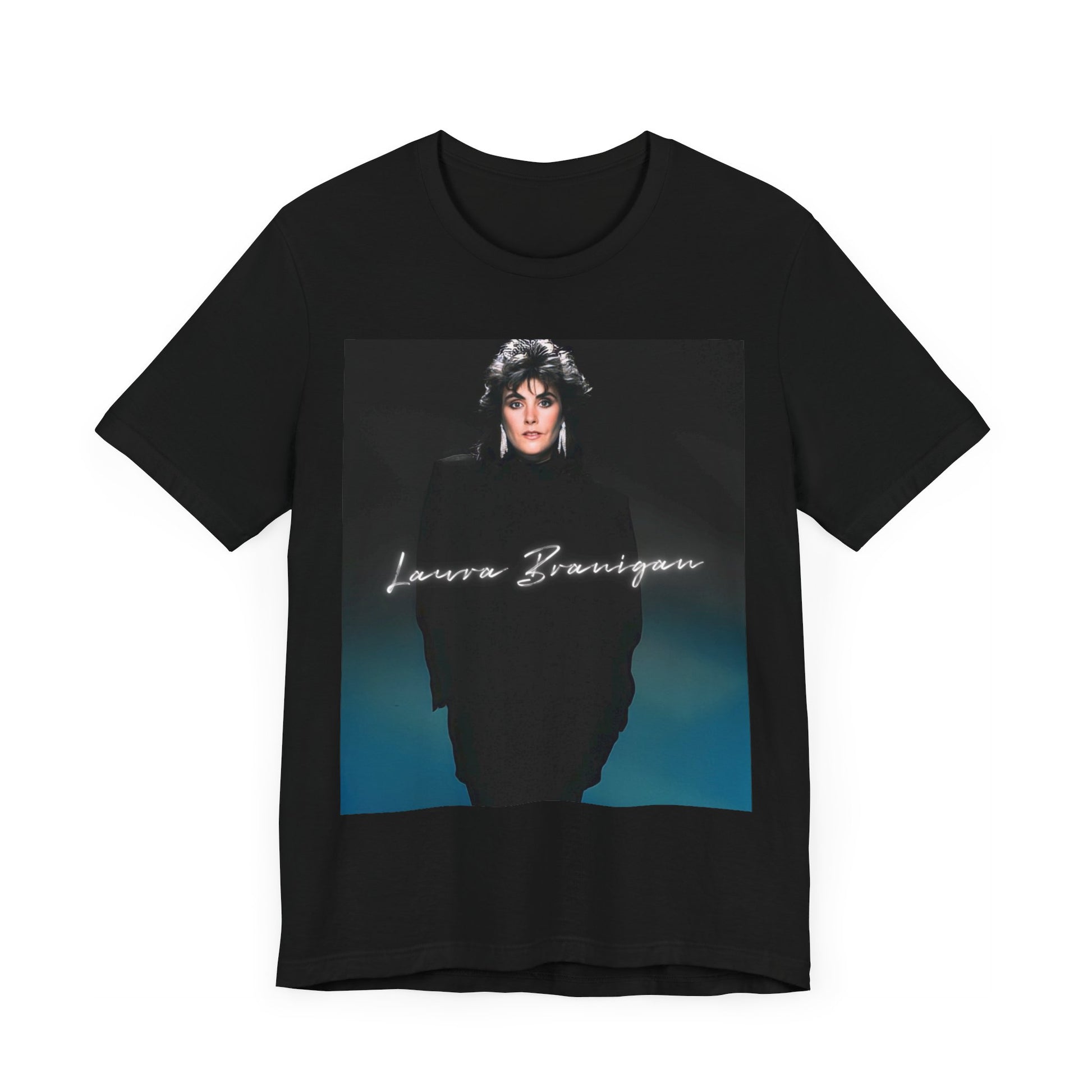 A black graphic t-shirt featuring a graphic of Laura Branigan as an 80s power ballad vocalist.