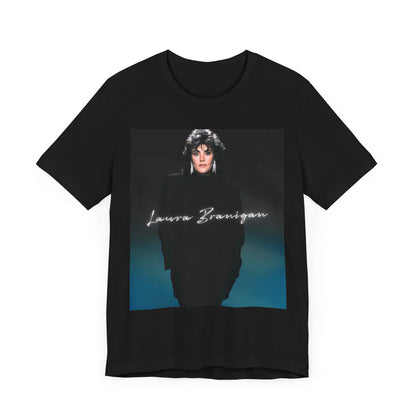 A black graphic t-shirt featuring a graphic of Laura Branigan as an 80s power ballad vocalist.