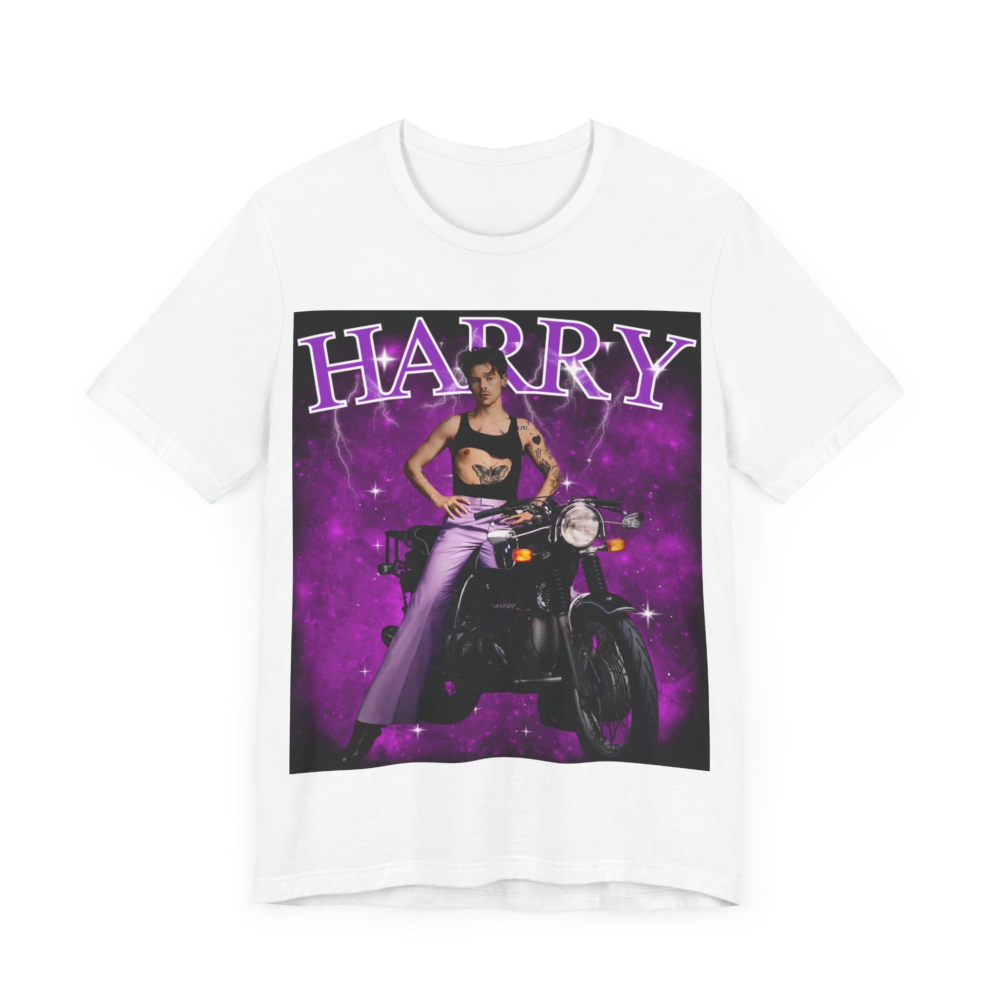 A black graphic t-shirt featuring a neon bootleg graphic of Harry Styles.