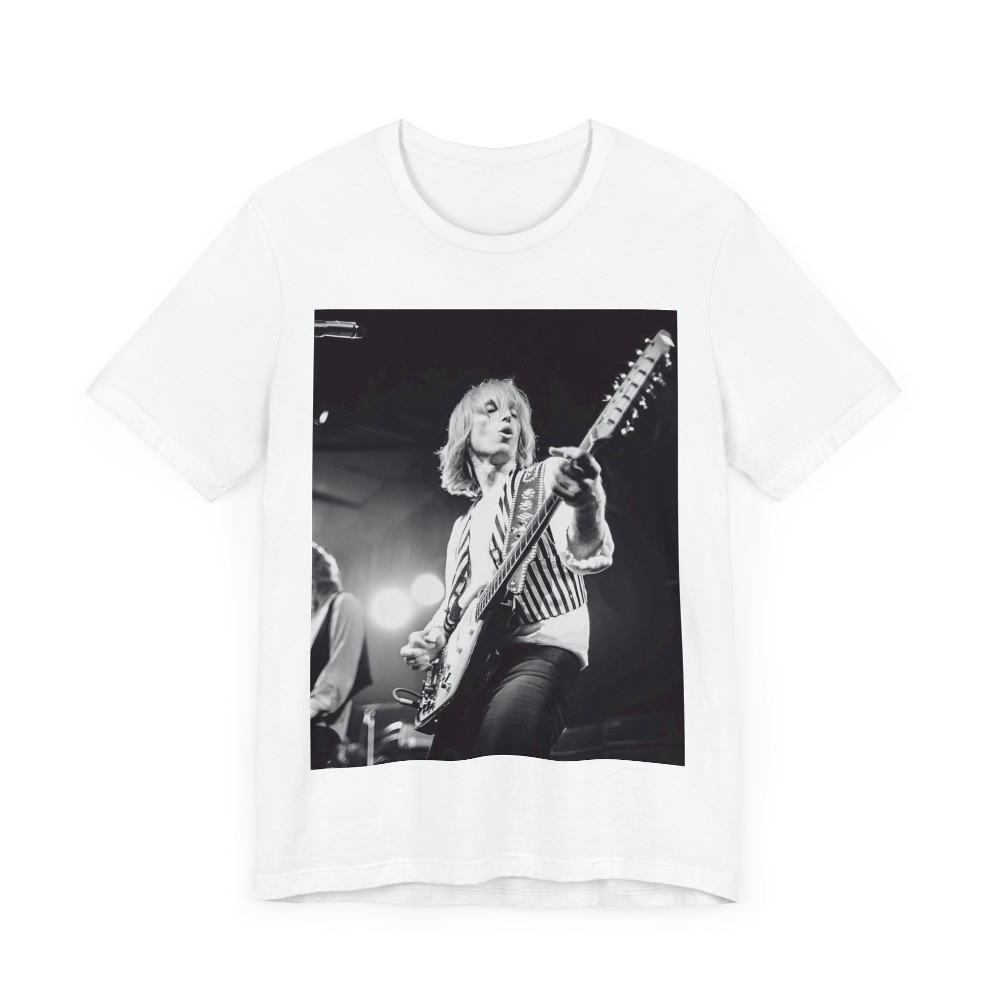 A black graphic t-shirt featuring a graphic of Tom Petty as a Rock & Roll Hall of Fame icon.