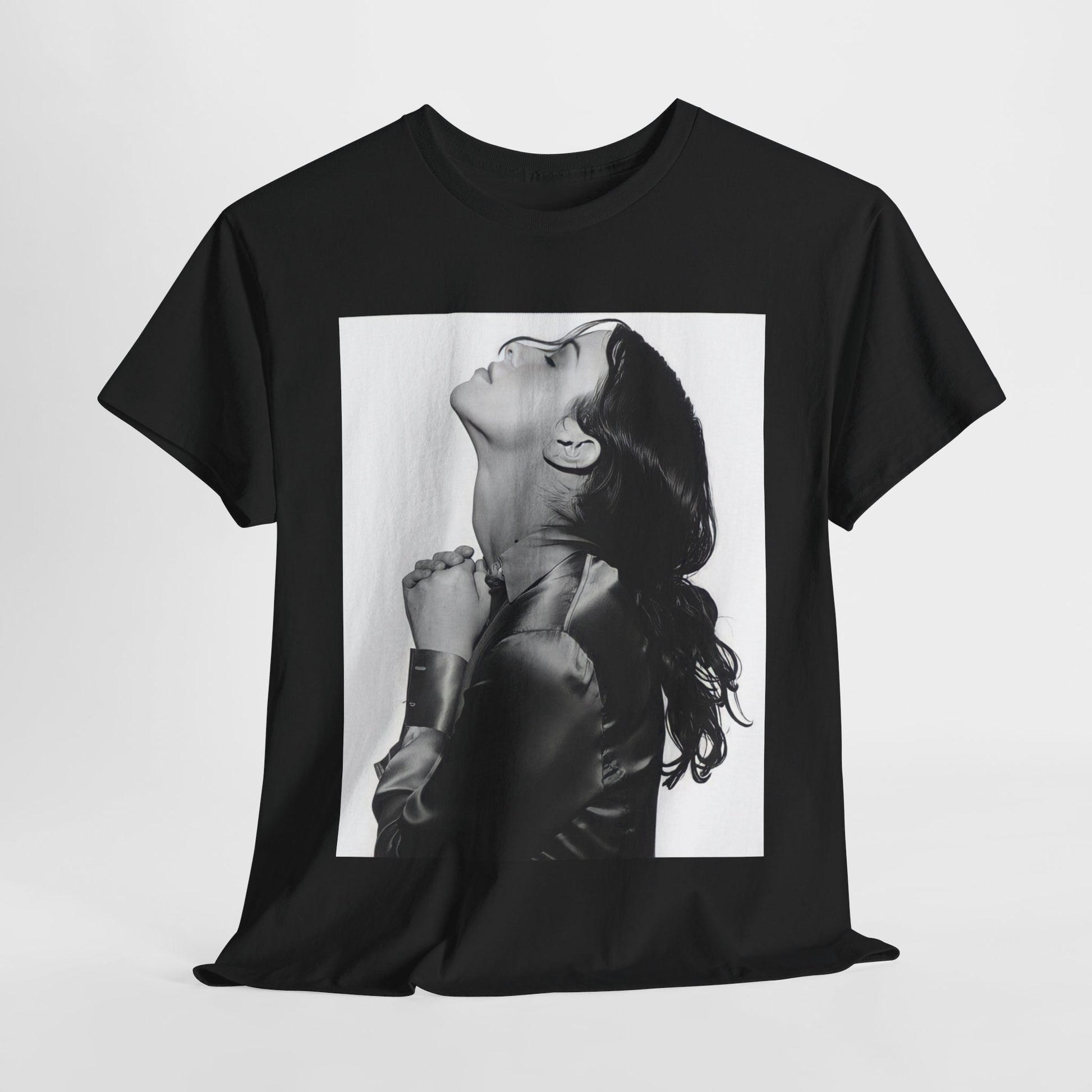 A black graphic t-shirt featuring a vintage black and white portrait of Alanis Morissette, showing her with a poised and thoughtful expression.