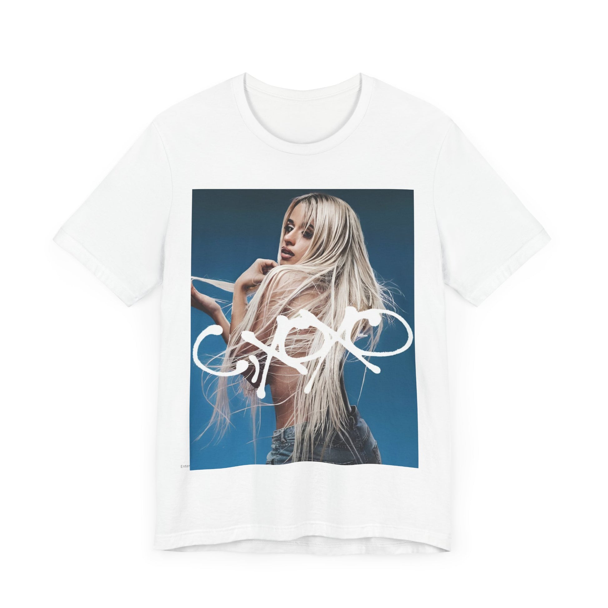 A black graphic t-shirt featuring a graphic related to Camila Cabello's C,XOXO album.
