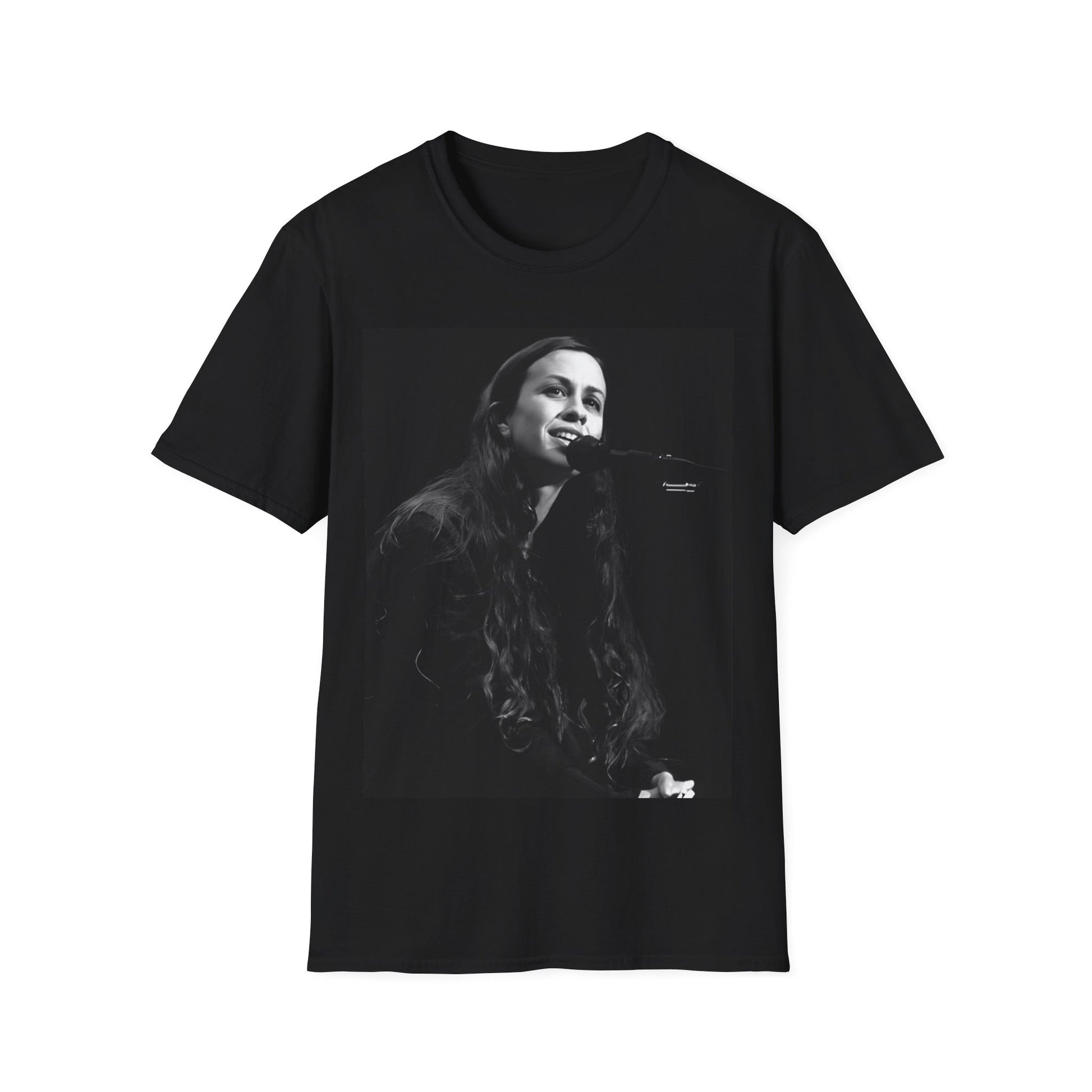 A black graphic t-shirt featuring a 90s-style graphic of Alanis Morissette on tour, possibly showing her performing or with tour elements.