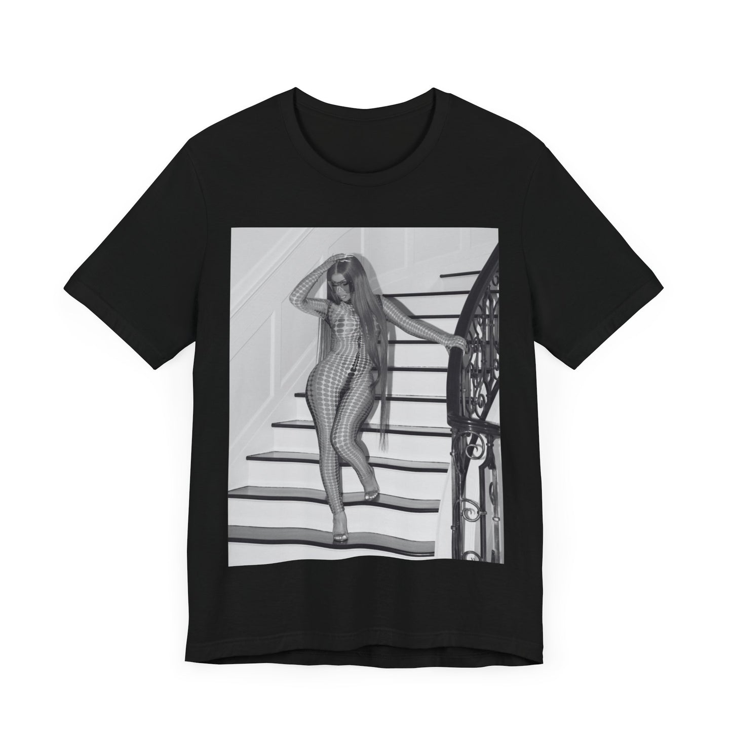 A black graphic t-shirt featuring a graphic of Cardi B as an authentic culture icon.