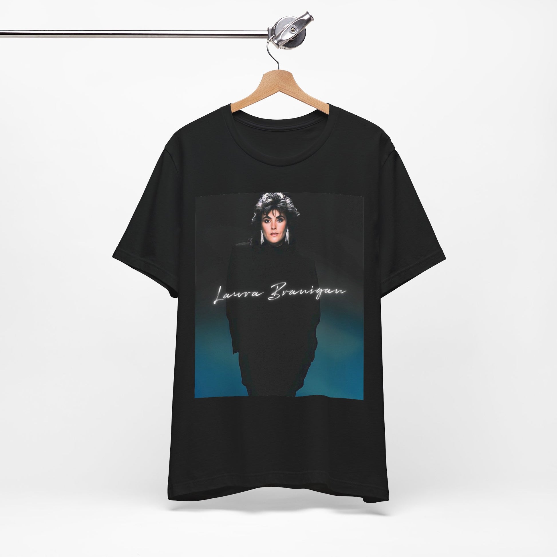 A black graphic t-shirt featuring a graphic of Laura Branigan as an 80s power ballad vocalist.