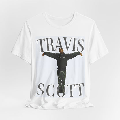 A black graphic t-shirt featuring a cool streetwear icon graphic of Travis Scott.