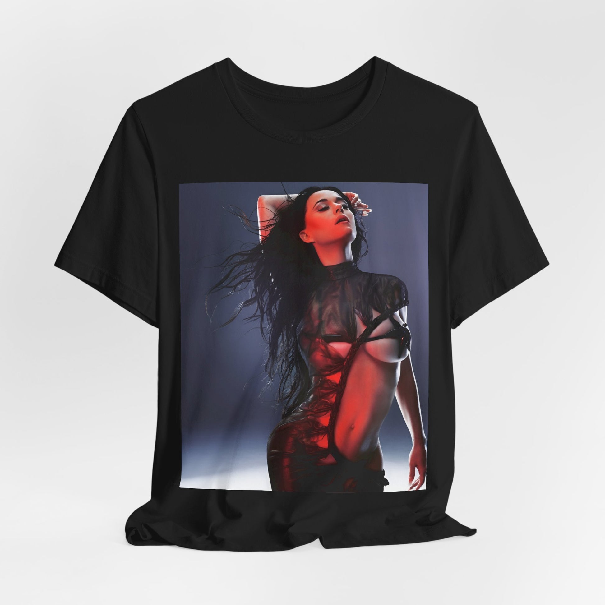 A black graphic t-shirt featuring a dreamy pop fantasy graphic of Katy Perry.