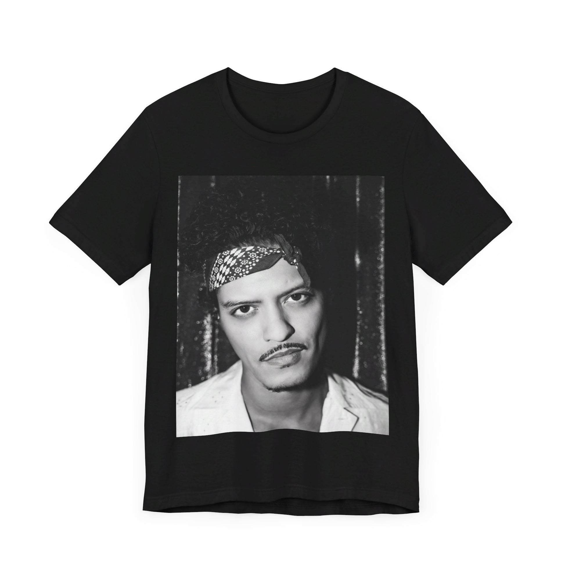A black graphic t-shirt featuring a graphic of Bruno Mars with an old school groove aesthetic.