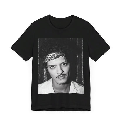 A black graphic t-shirt featuring a graphic of Bruno Mars with an old school groove aesthetic.
