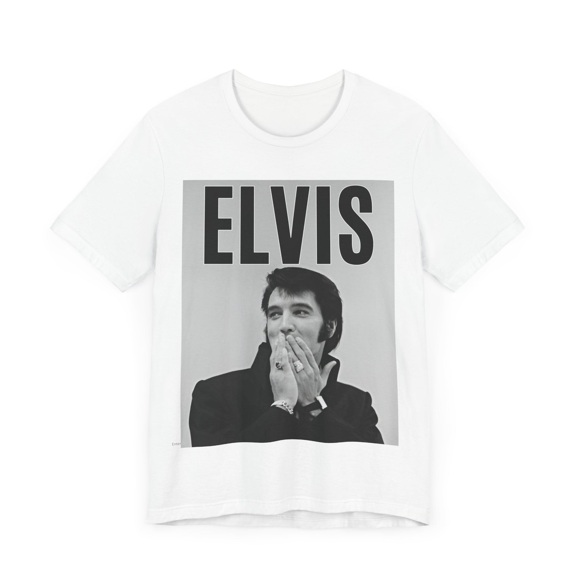A black graphic t-shirt featuring a retro graphic of Elvis Presley as a 'Rebel With A Cause.'