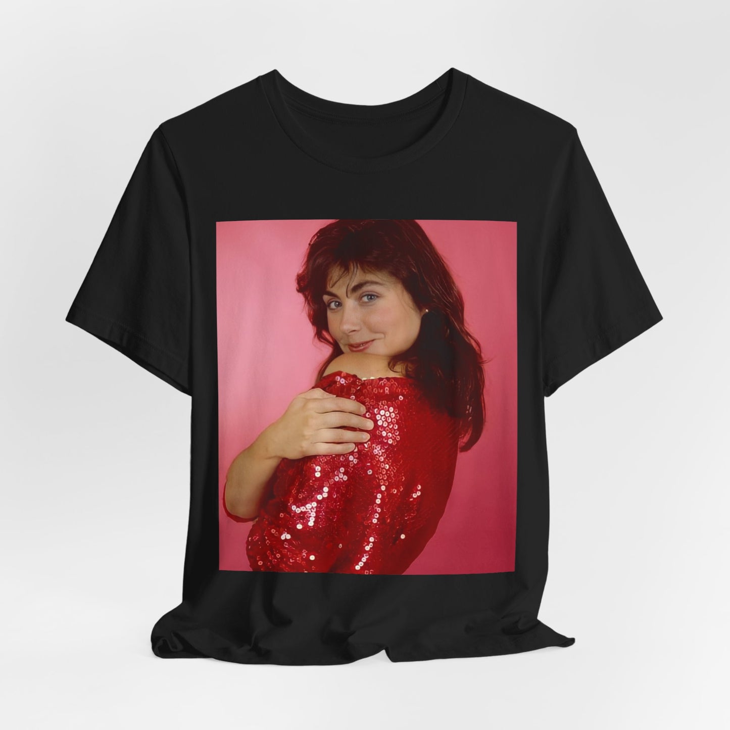 A black graphic t-shirt featuring a vintage graphic related to Laura Branigan's 'Self Control' song or era.