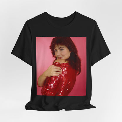 A black graphic t-shirt featuring a vintage graphic related to Laura Branigan's 'Self Control' song or era.