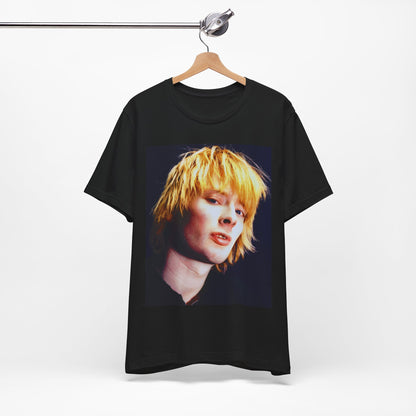 A black graphic t-shirt featuring an aesthetic graphic of Thom Yorke from Radiohead.
