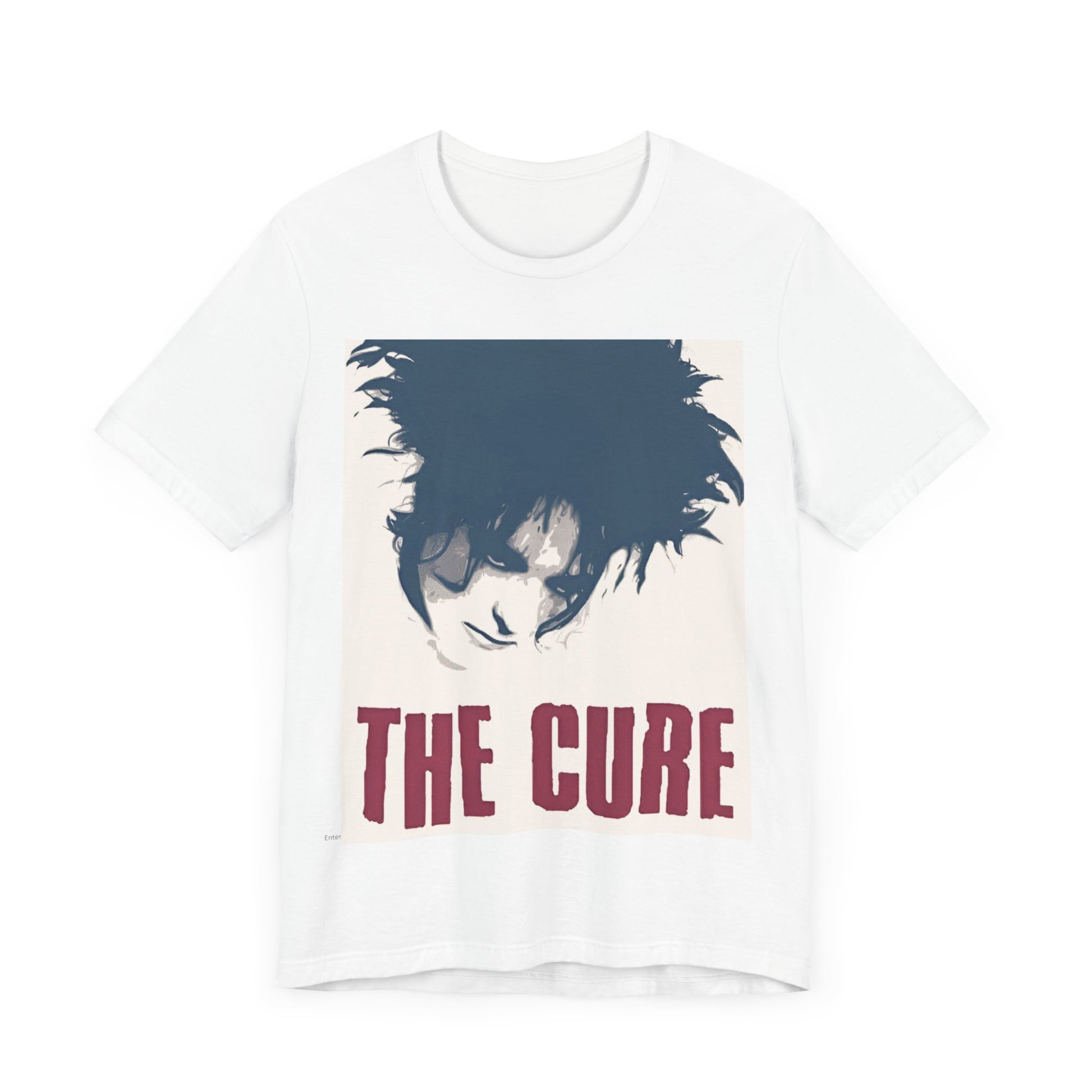 A black graphic t-shirt featuring a graphic related to The Cure's 'Boys Don't Cry' song or era.