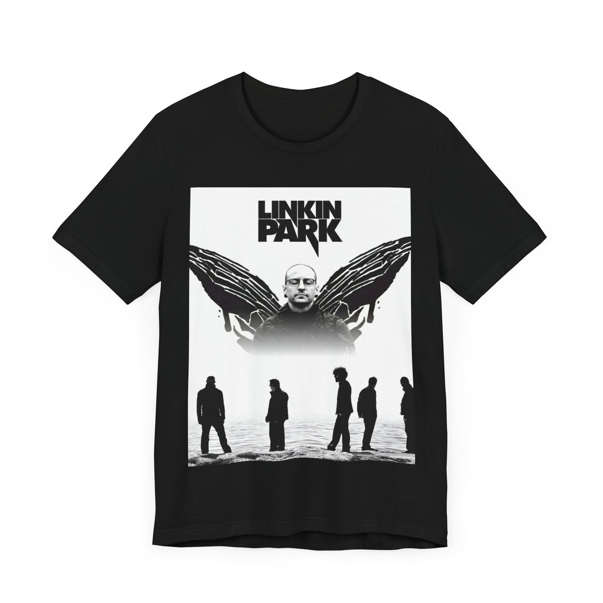 A black graphic t-shirt featuring a tribute graphic for Chester Bennington of Linkin Park.