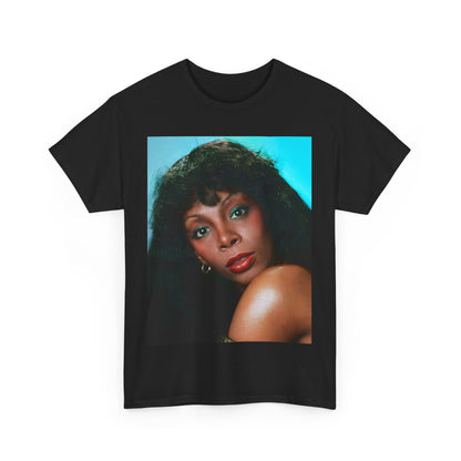 A black graphic t-shirt featuring a graphic related to Donna Summer's 'Last Dance' song or era.