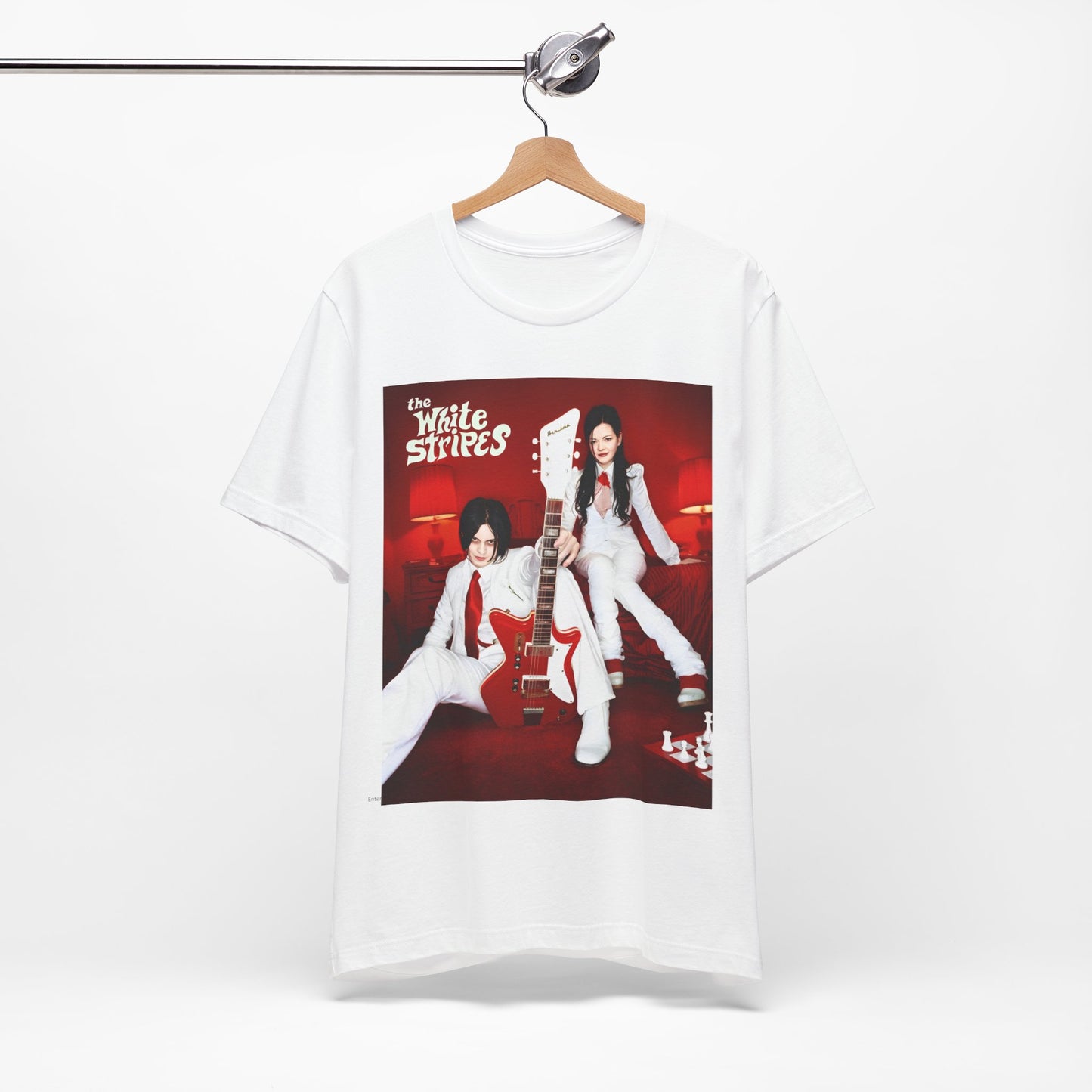 A black graphic t-shirt featuring a graphic related to The White Stripes' 'Seven Nation Army' song or era.