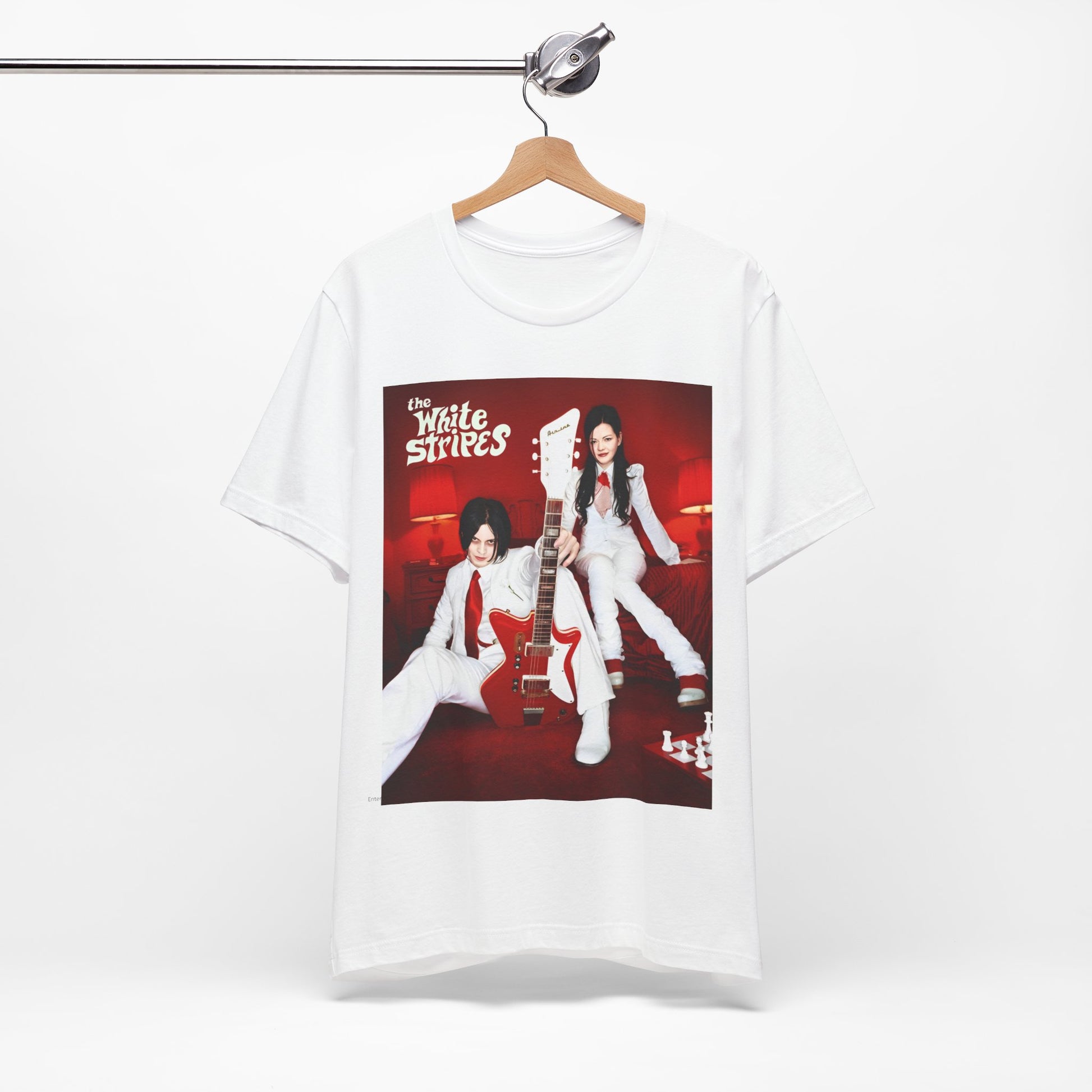 A black graphic t-shirt featuring a graphic related to The White Stripes' 'Seven Nation Army' song or era.