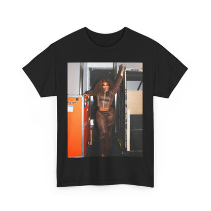 A black graphic t-shirt featuring a casual R&B fan graphic of SZA.