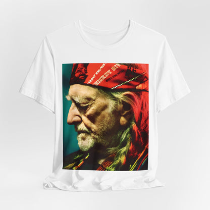 A black graphic t-shirt featuring a graphic related to Willie Nelson's 'Red Headed Stranger' album era.