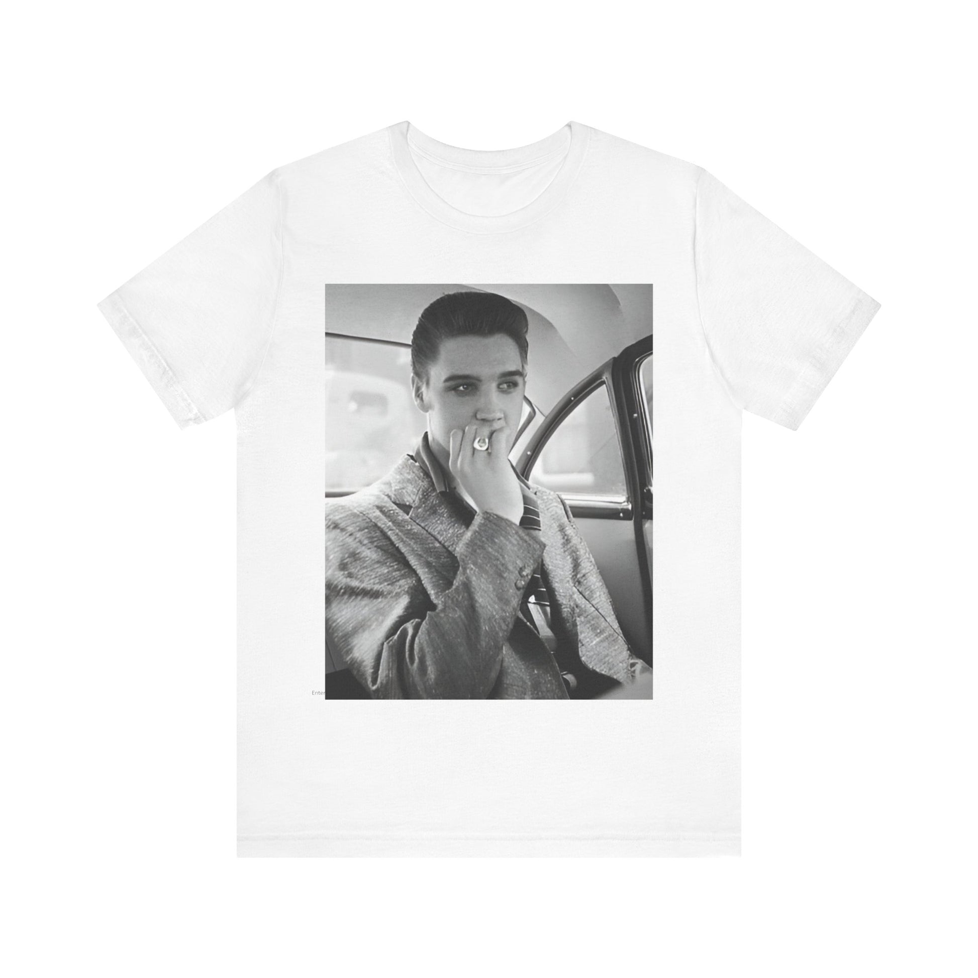 A black graphic t-shirt featuring a classic 50s era graphic of Elvis Presley.