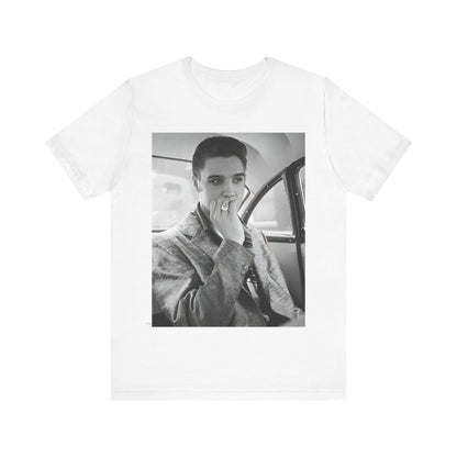 A black graphic t-shirt featuring a classic 50s era graphic of Elvis Presley.